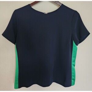 Lauren Ralph Lauren Sz LG Petite Short Sleeve Top Navy Blue w Green Side Stripes